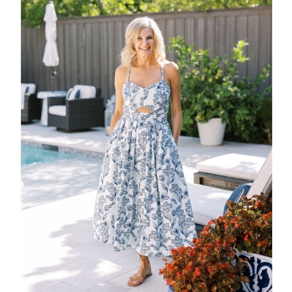 Allison New York Natalie Midi Dress Blue White Floral Cutout Smocked Back Size 4